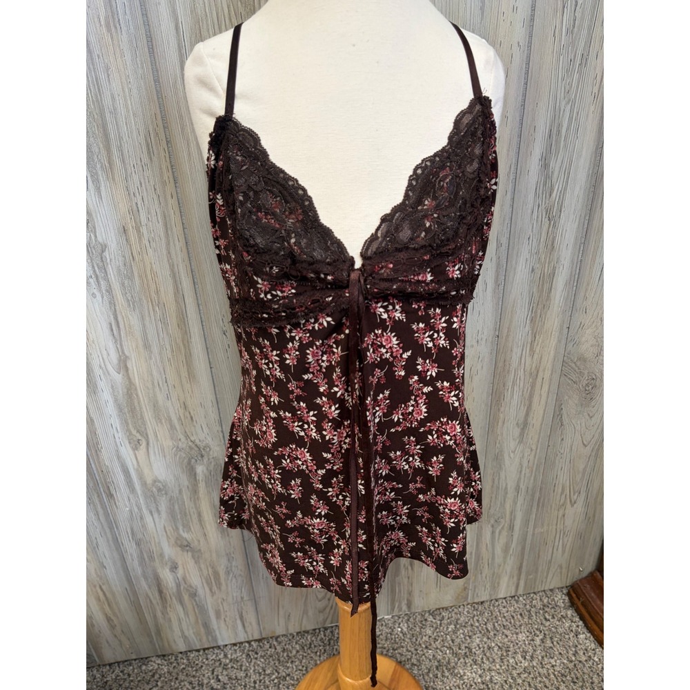 Y2K No Boundaries Brown Floral Lace Trim Camisole Top